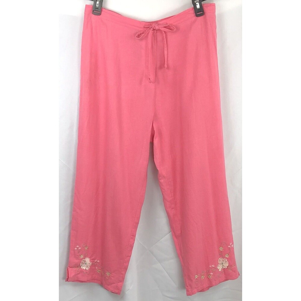Sag harbor linen Cropped pants 16 pink floral embroidered 33” Drawstring waist